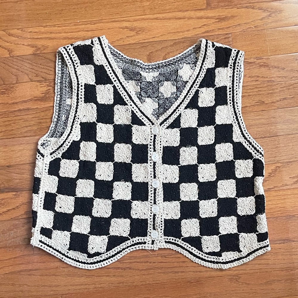 Black & White Checker Crochet-Like Vest
